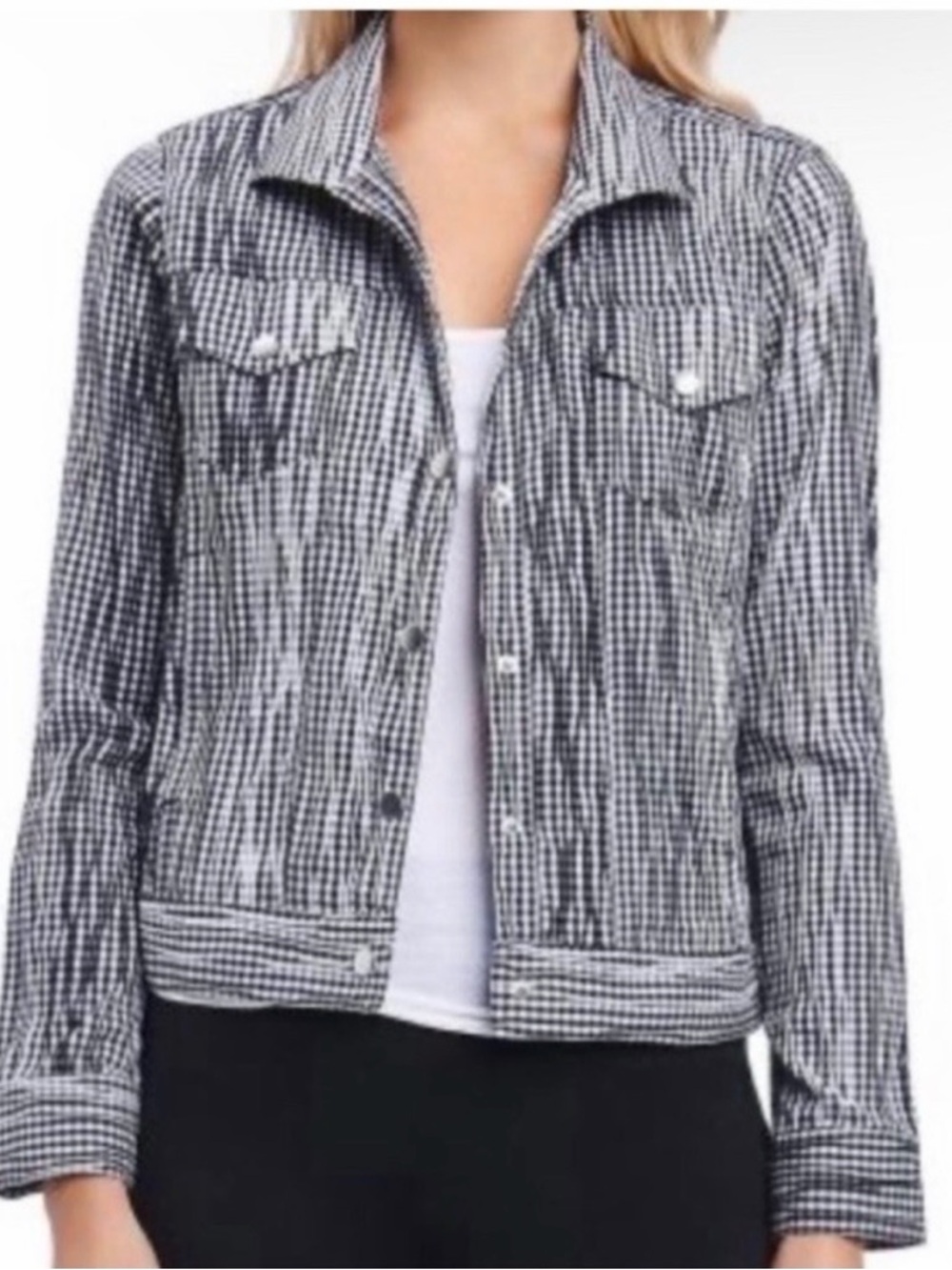 Foxcroft Sue style crinkle jacket featuring‎ a black and white gingham pattern.